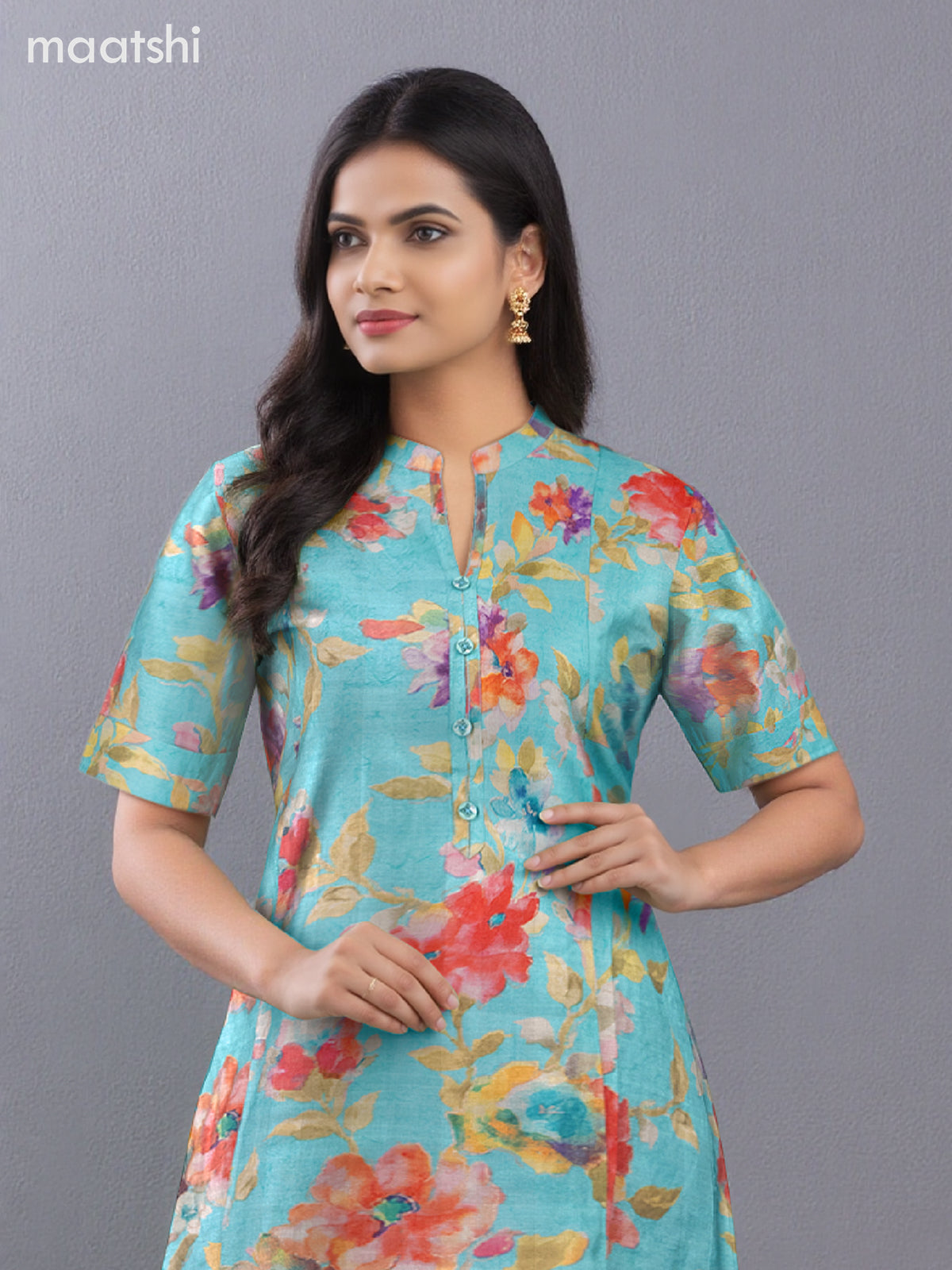 Rayon anarkali kurti teal shade with allover floral prints & simple neck pattern without pant
