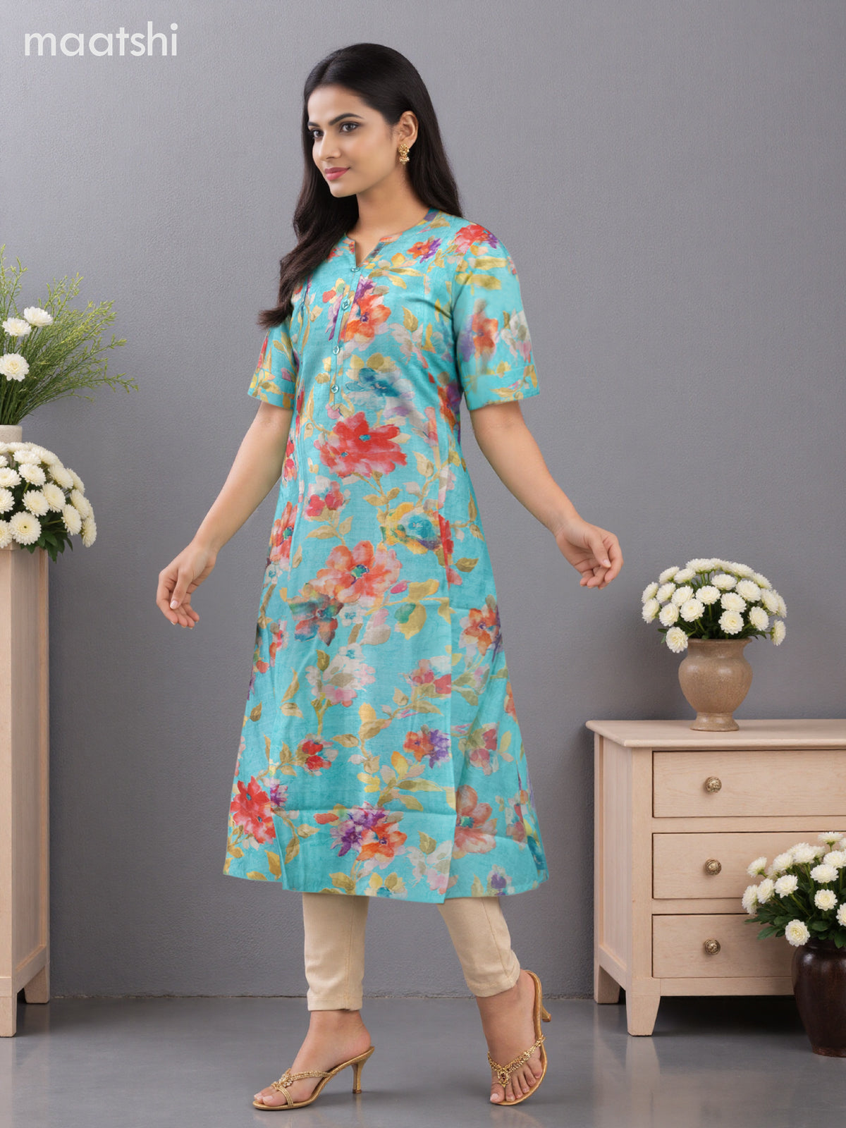 Rayon anarkali kurti teal shade with allover floral prints & simple neck pattern without pant