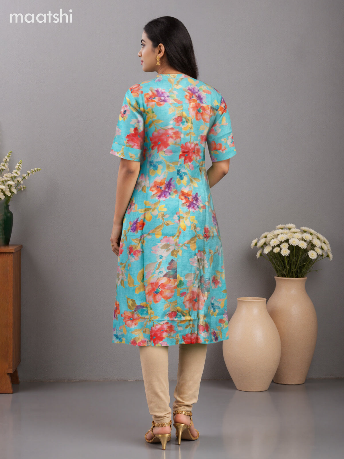 Rayon anarkali kurti teal shade with allover floral prints & simple neck pattern without pant