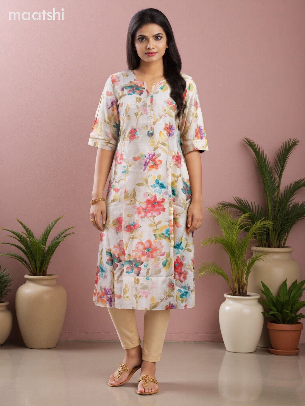 Rayon anarkali kurti cream with allover floral prints & simple neck pattern without pant
