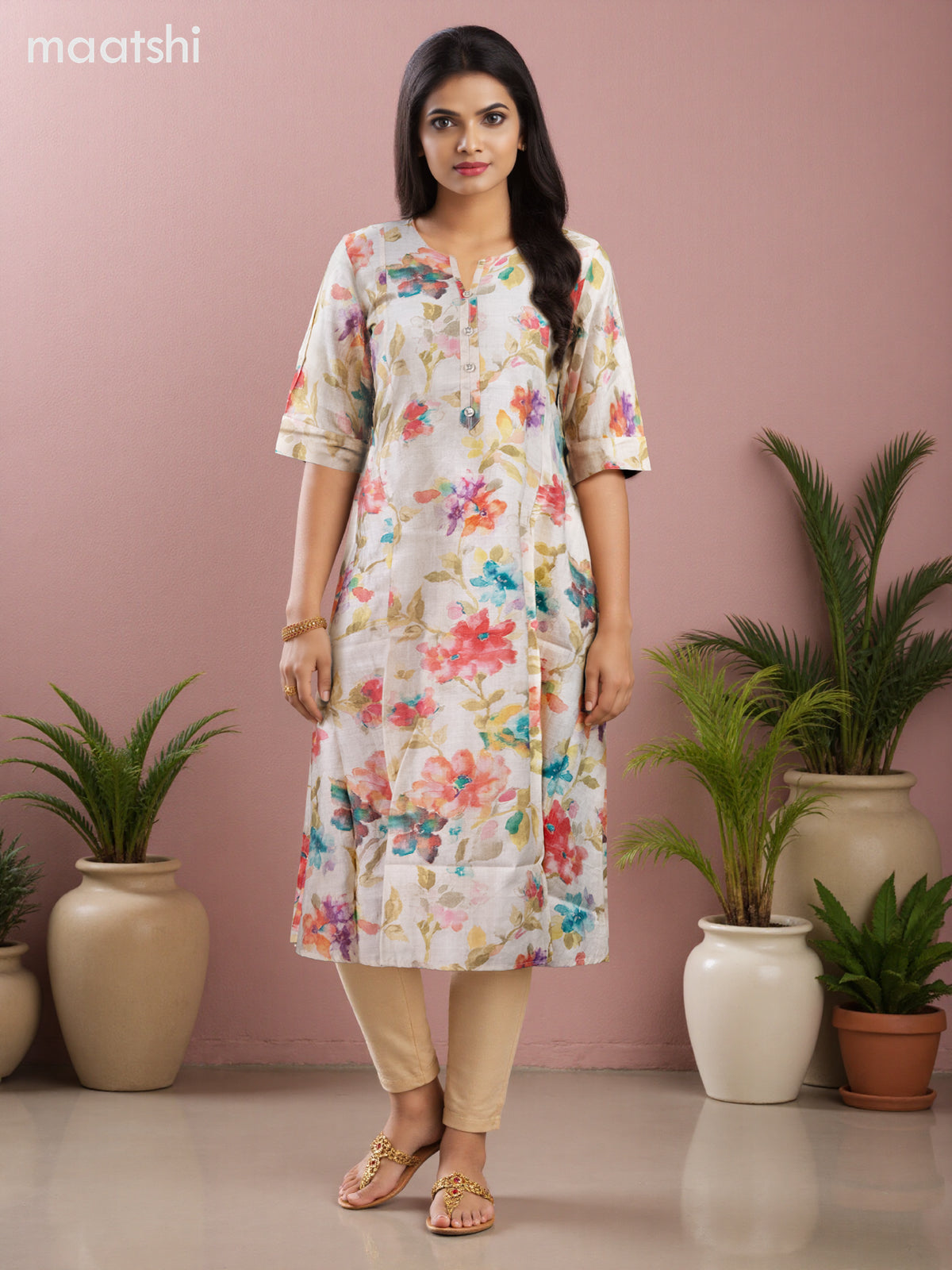 Rayon anarkali kurti cream with allover floral prints & simple neck pattern without pant