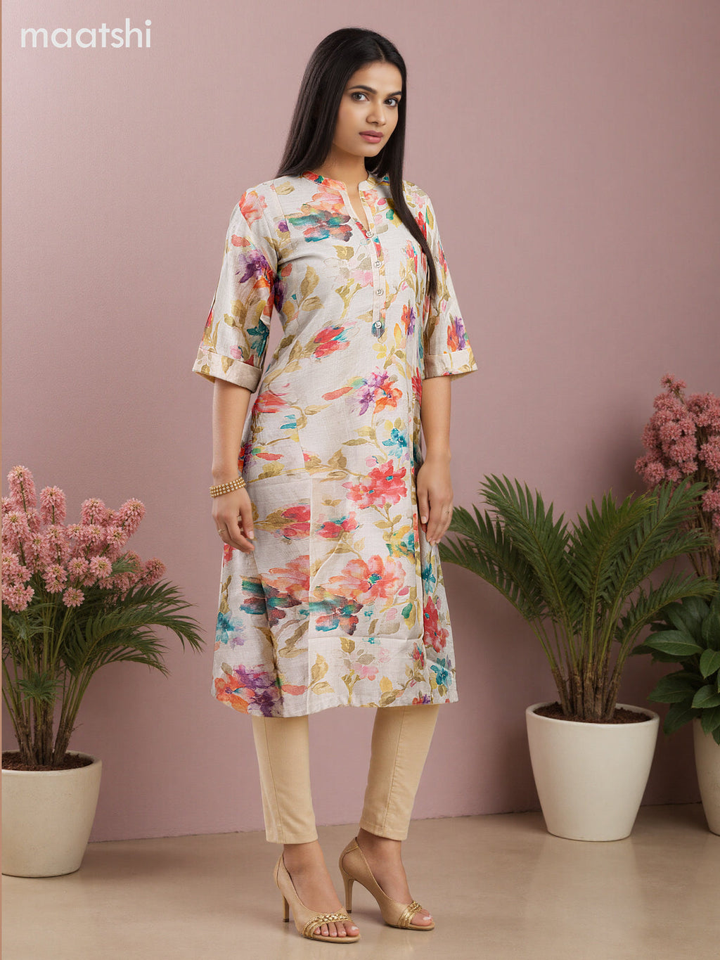 Rayon anarkali kurti cream with allover floral prints & simple neck pattern without pant
