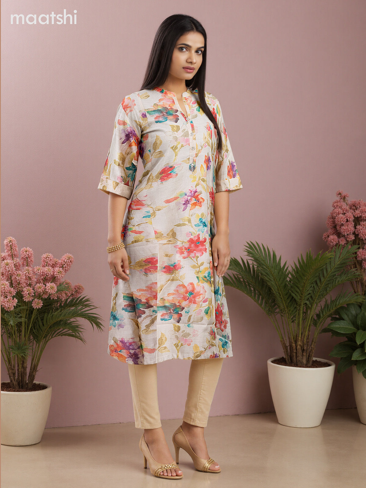 Rayon anarkali kurti cream with allover floral prints & simple neck pattern without pant