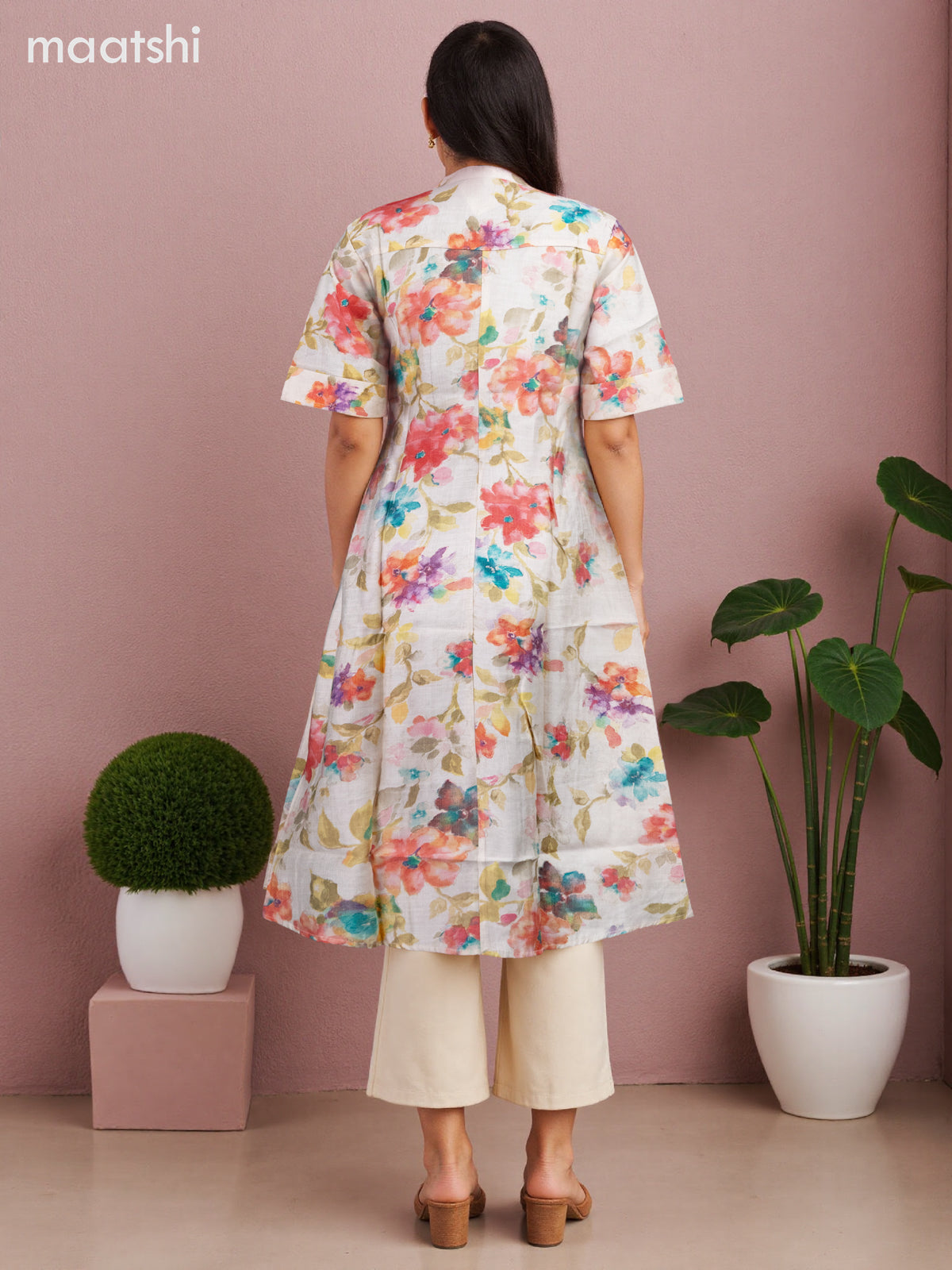Rayon anarkali kurti cream with allover floral prints & simple neck pattern without pant