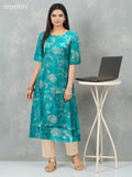 Rayon anarkali kurti teal green with allover floral prints & simple neck pattern without pant