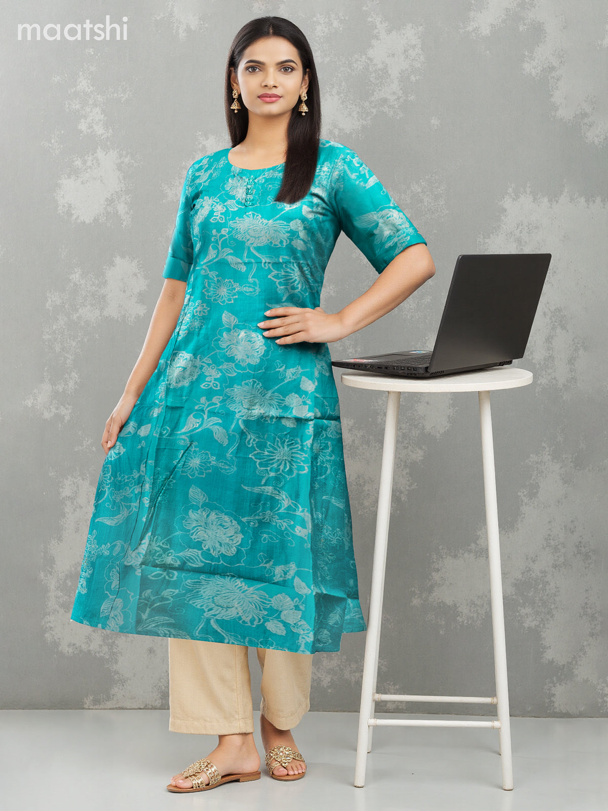 Rayon anarkali kurti teal green with allover floral prints & simple neck pattern without pant