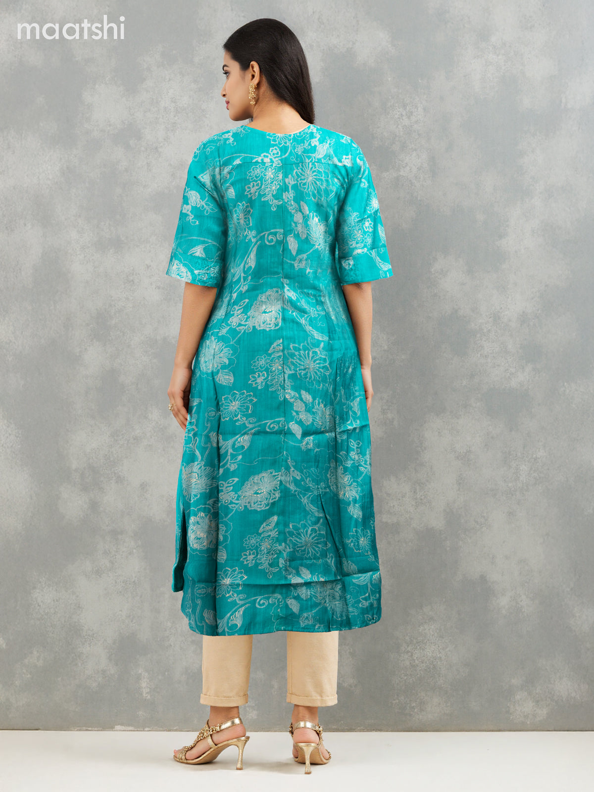 Rayon anarkali kurti teal green with allover floral prints & simple neck pattern without pant