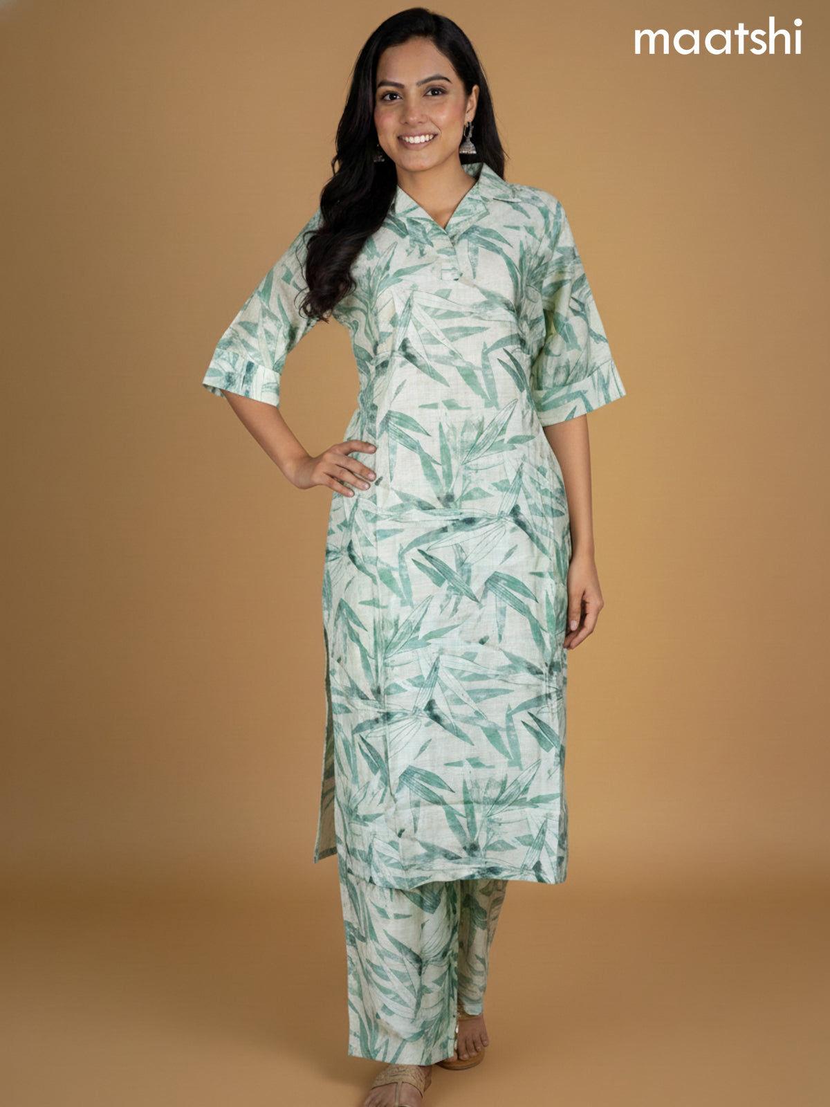 Beige and Green Rayon Floral Printed Kurti Set