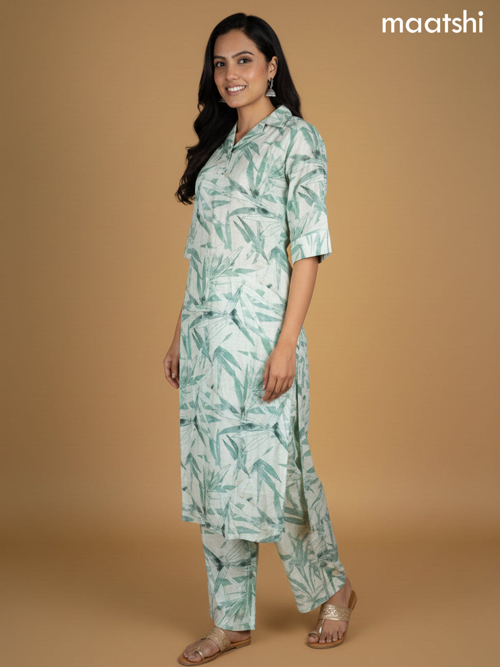 Beige and Green Rayon Floral Printed Kurti Set