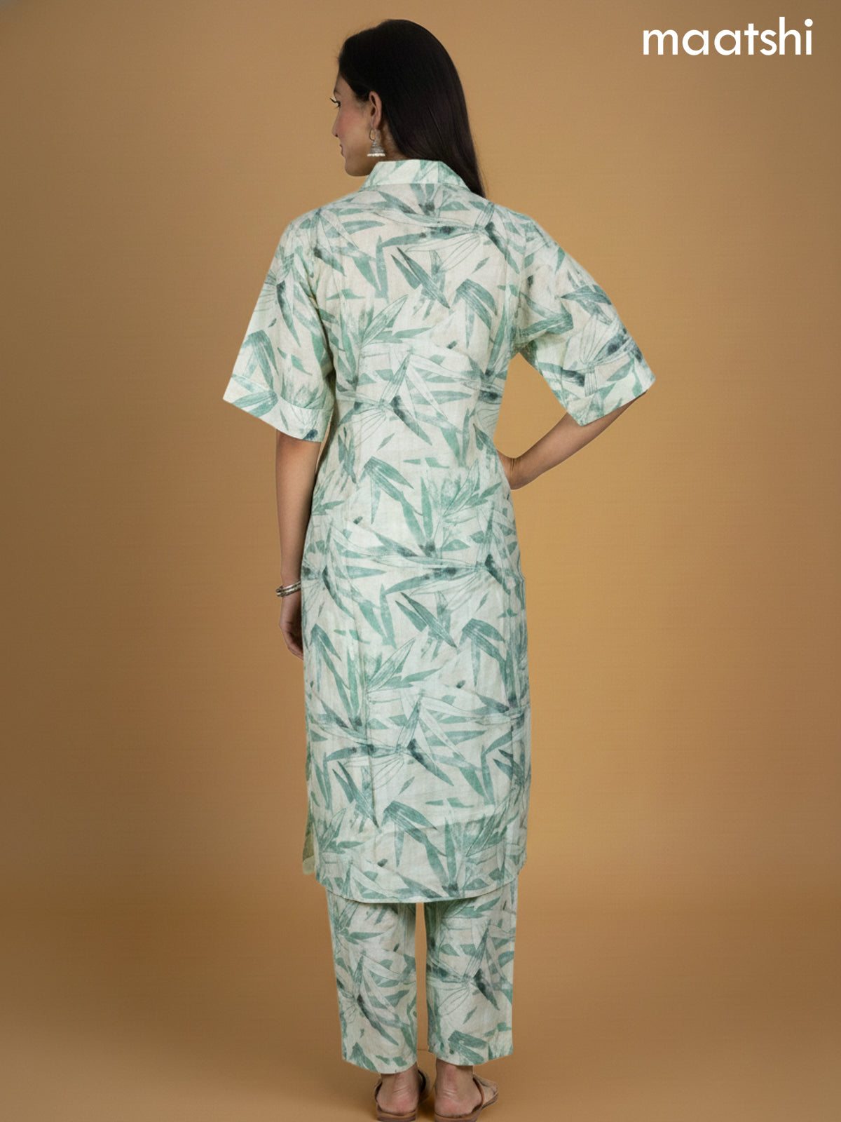 Beige and Green Rayon Floral Printed Kurti Set