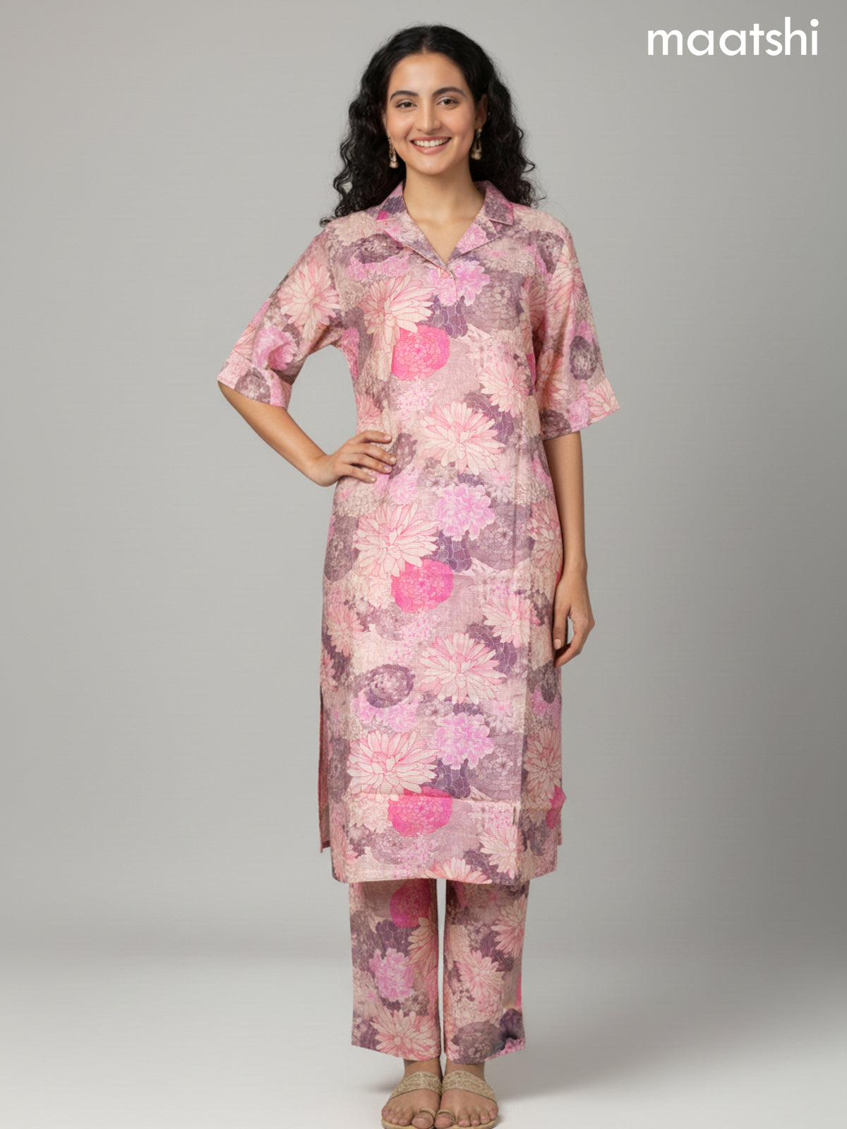 Peach Shade Rayon Floral Printed Kurti Set