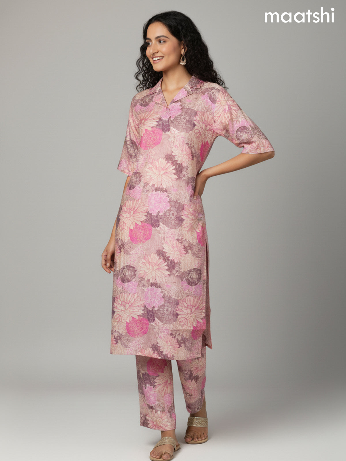 Peach Shade Rayon Floral Printed Kurti Set