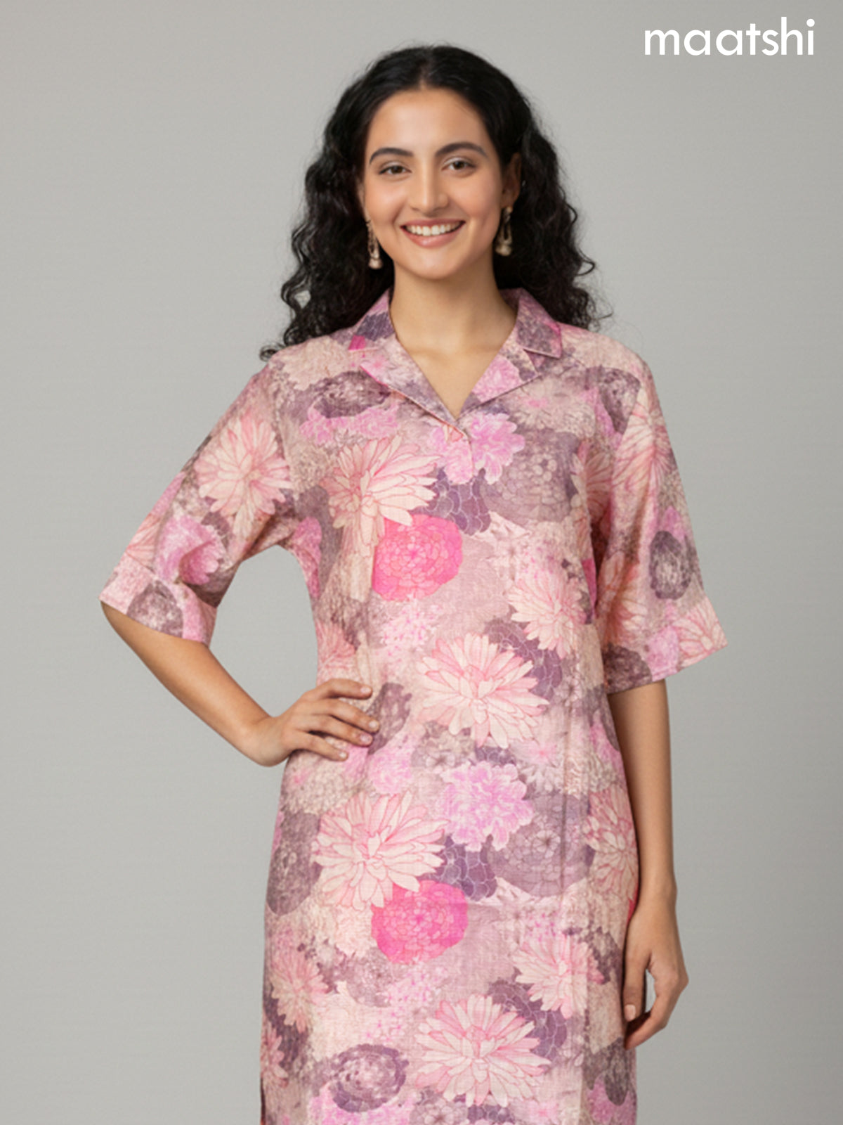 Peach Shade Rayon Floral Printed Kurti Set