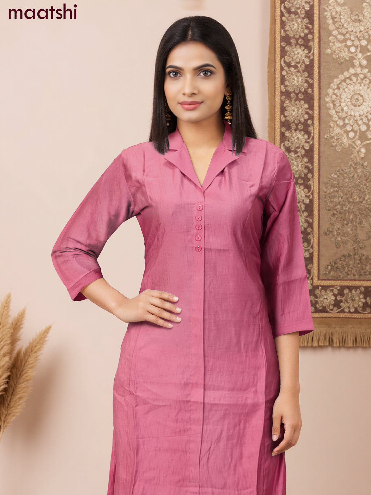 Rayon co-ord set peach pink with collar neck pattern and straight cut pant