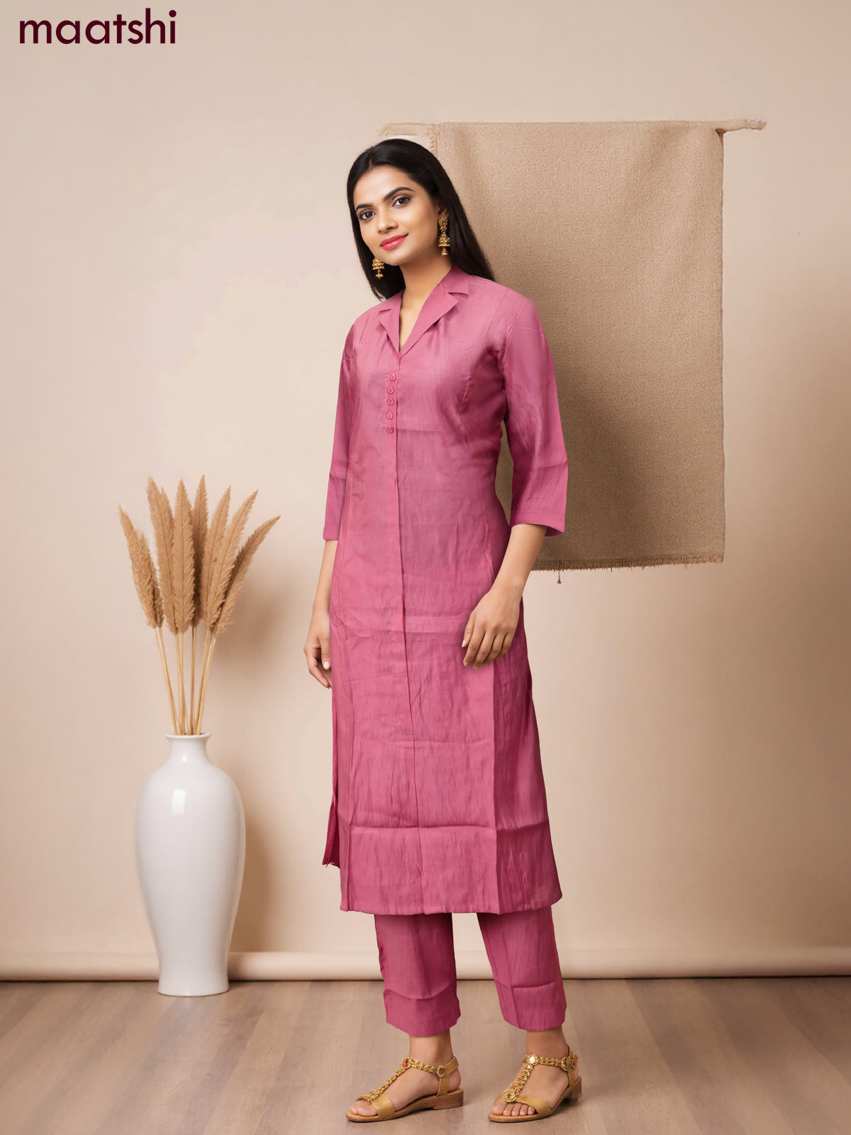 Rayon co-ord set peach pink with collar neck pattern and straight cut pant
