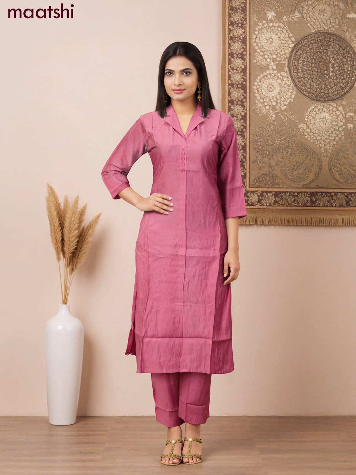 Rayon co-ord set peach pink with collar neck pattern and straight cut pant