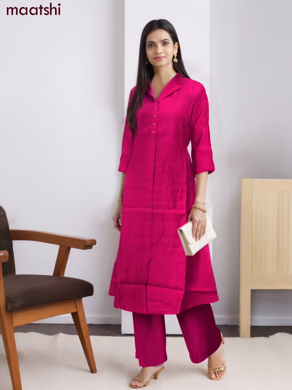 Rayon co-ord set pink with collar neck pattern and straight cut pant