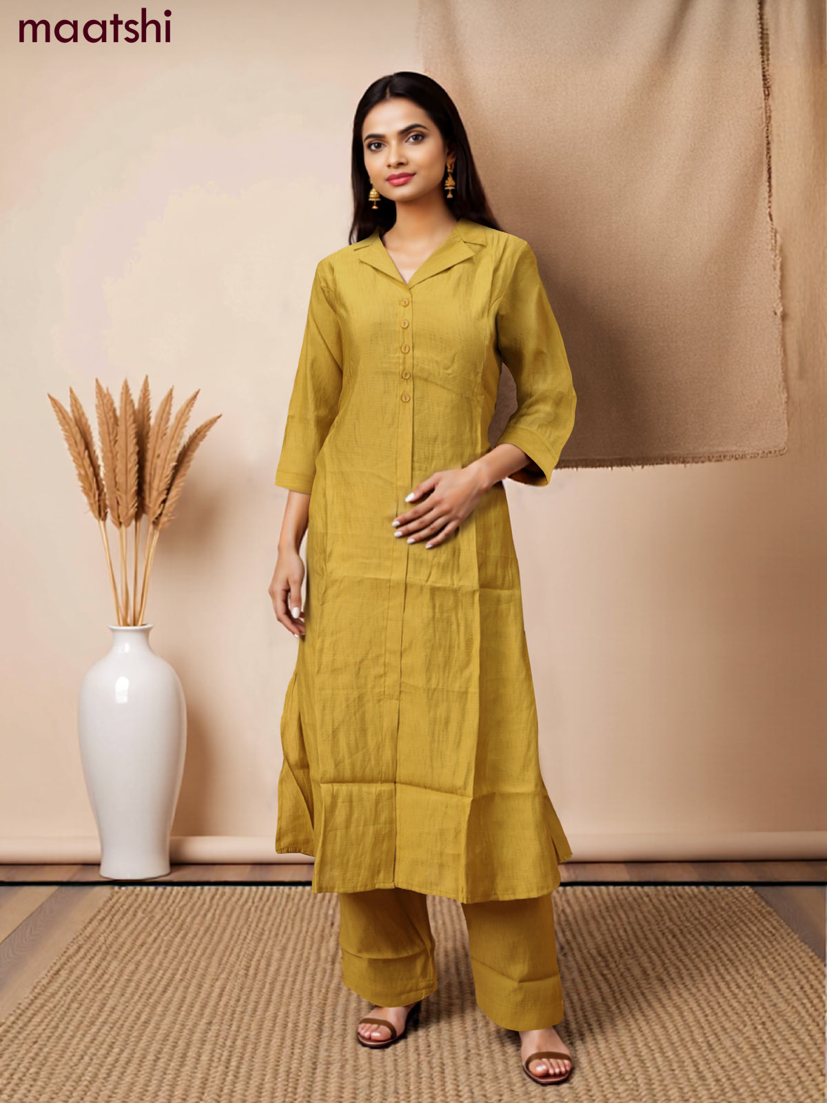 Rayon co-ord set lime yellow with collar neck pattern and straight cut pant