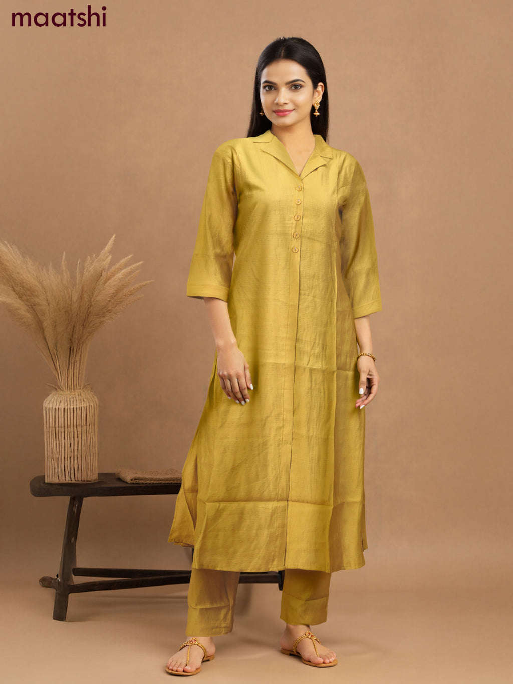 Rayon co-ord set lime yellow with collar neck pattern and straight cut pant