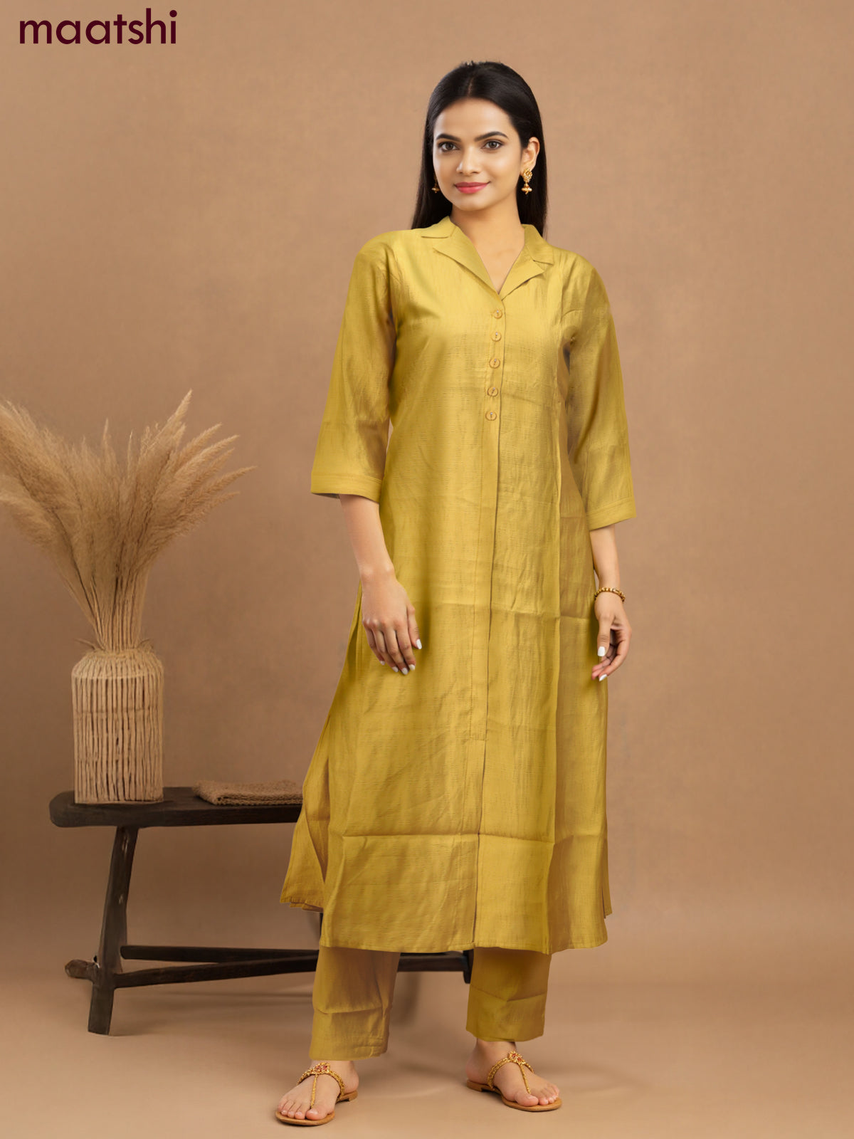 Rayon co-ord set lime yellow with collar neck pattern and straight cut pant