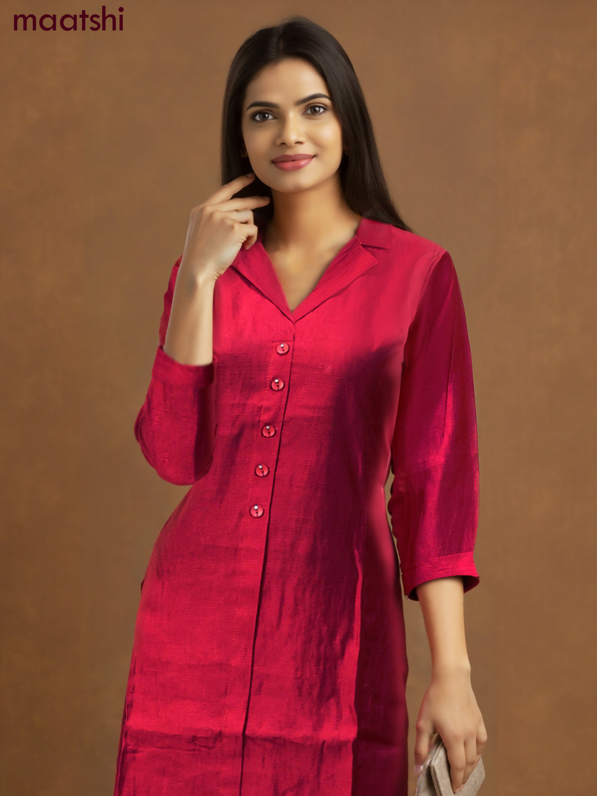 Rayon co-ord set red with collar neck pattern and straight cut pant
