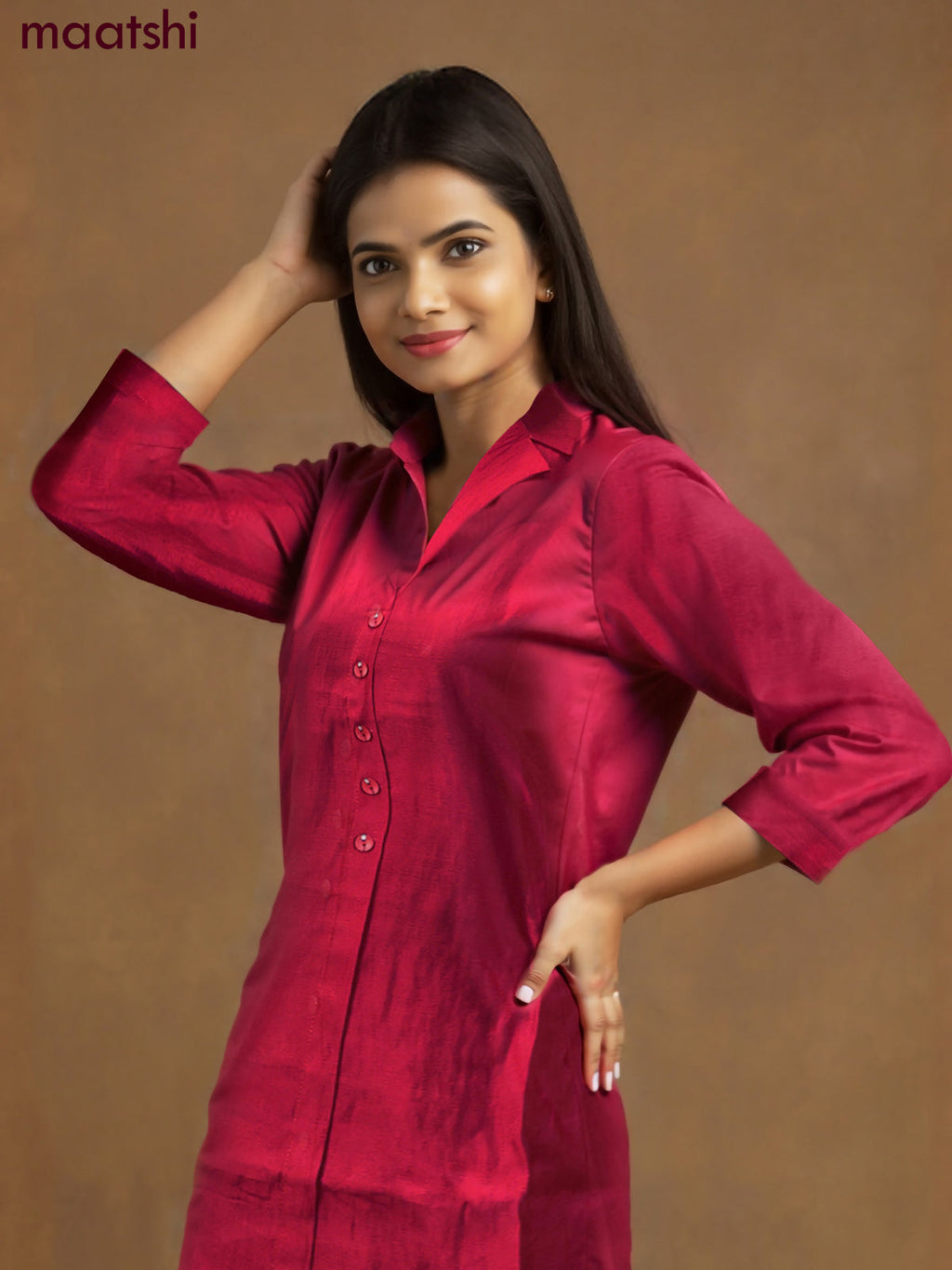 Rayon co-ord set red with collar neck pattern and straight cut pant