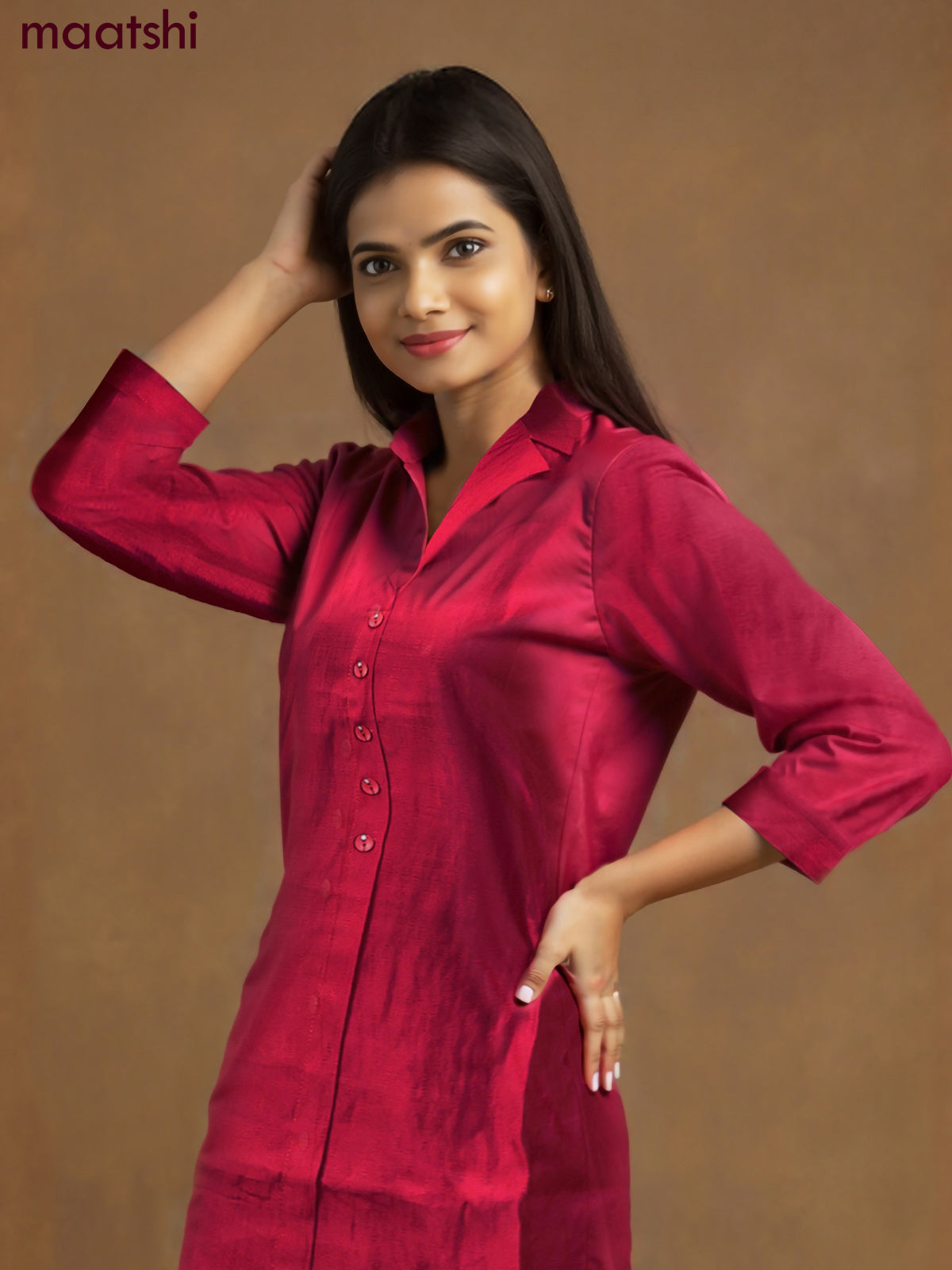 Rayon co-ord set red with collar neck pattern and straight cut pant