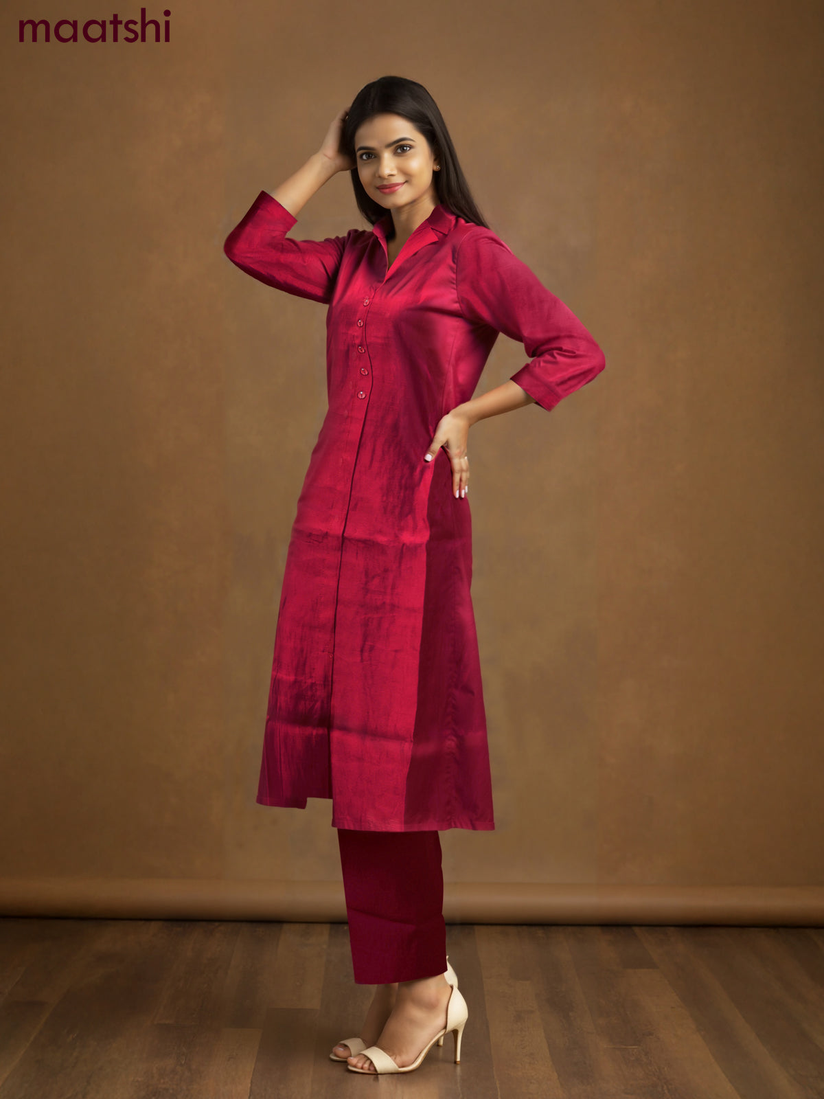Rayon co-ord set red with collar neck pattern and straight cut pant