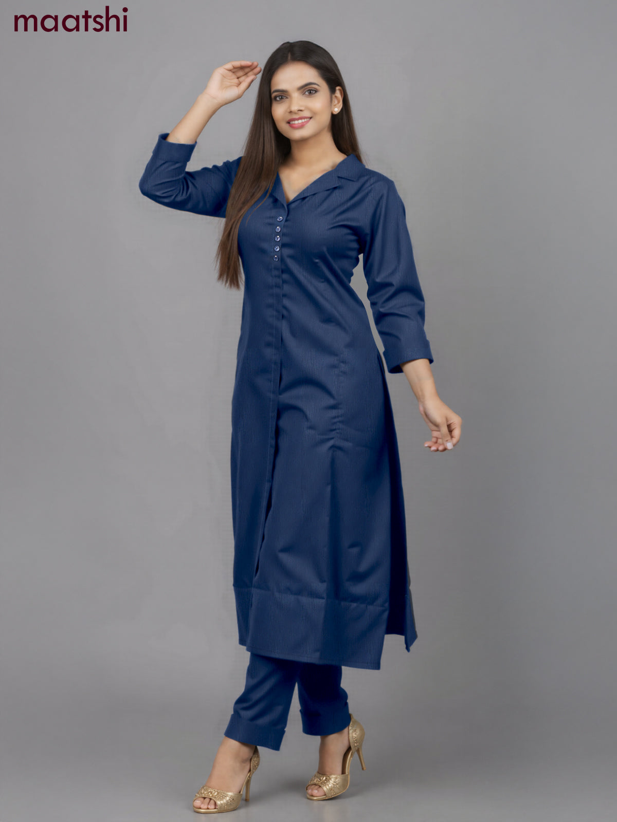 Rayon co-ord set peacock blue with collar neck pattern and straight cut pant