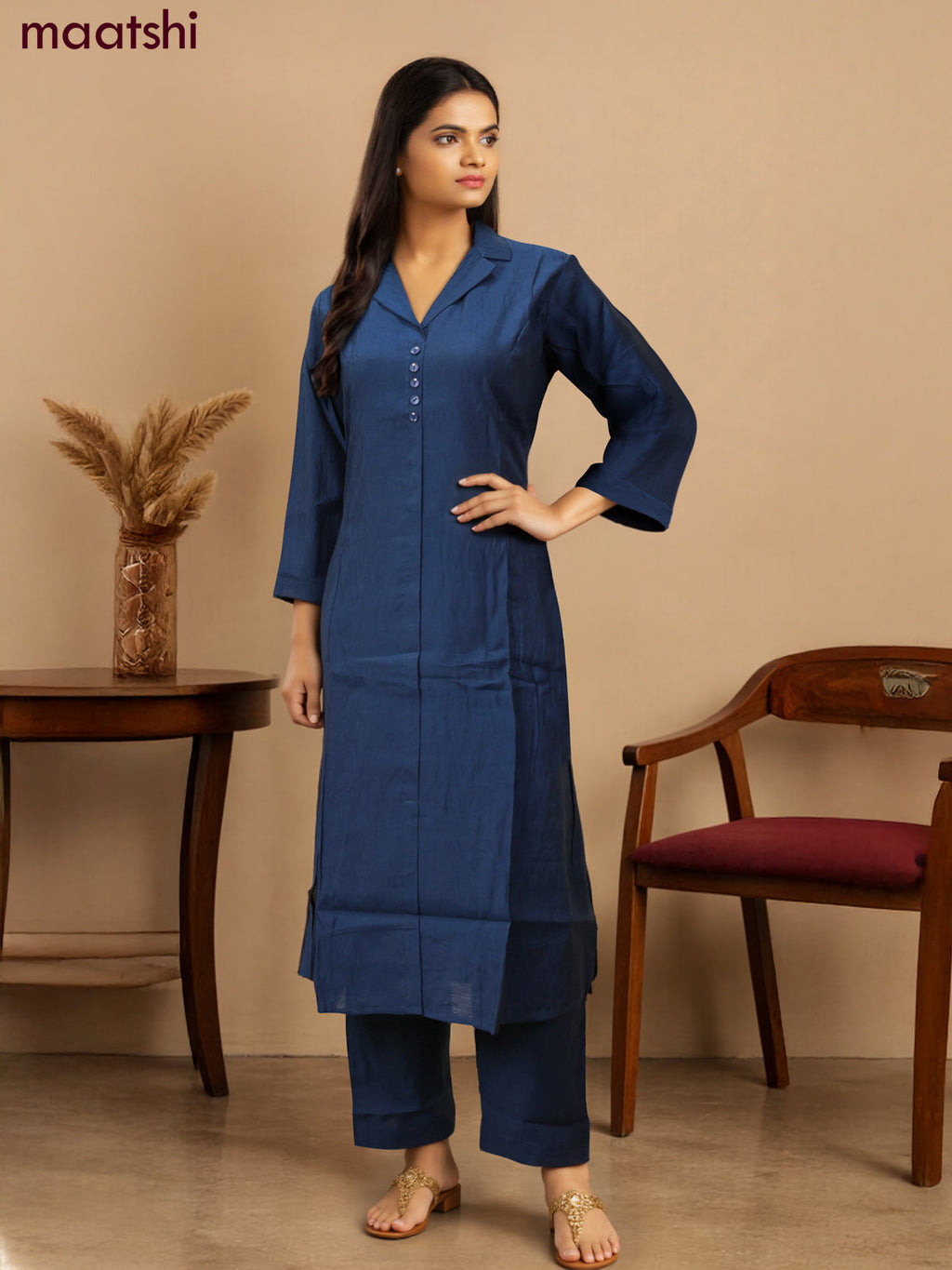 Rayon co-ord set peacock blue with collar neck pattern and straight cut pant
