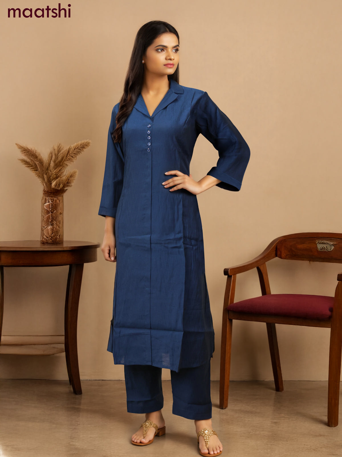 Rayon co-ord set peacock blue with collar neck pattern and straight cut pant