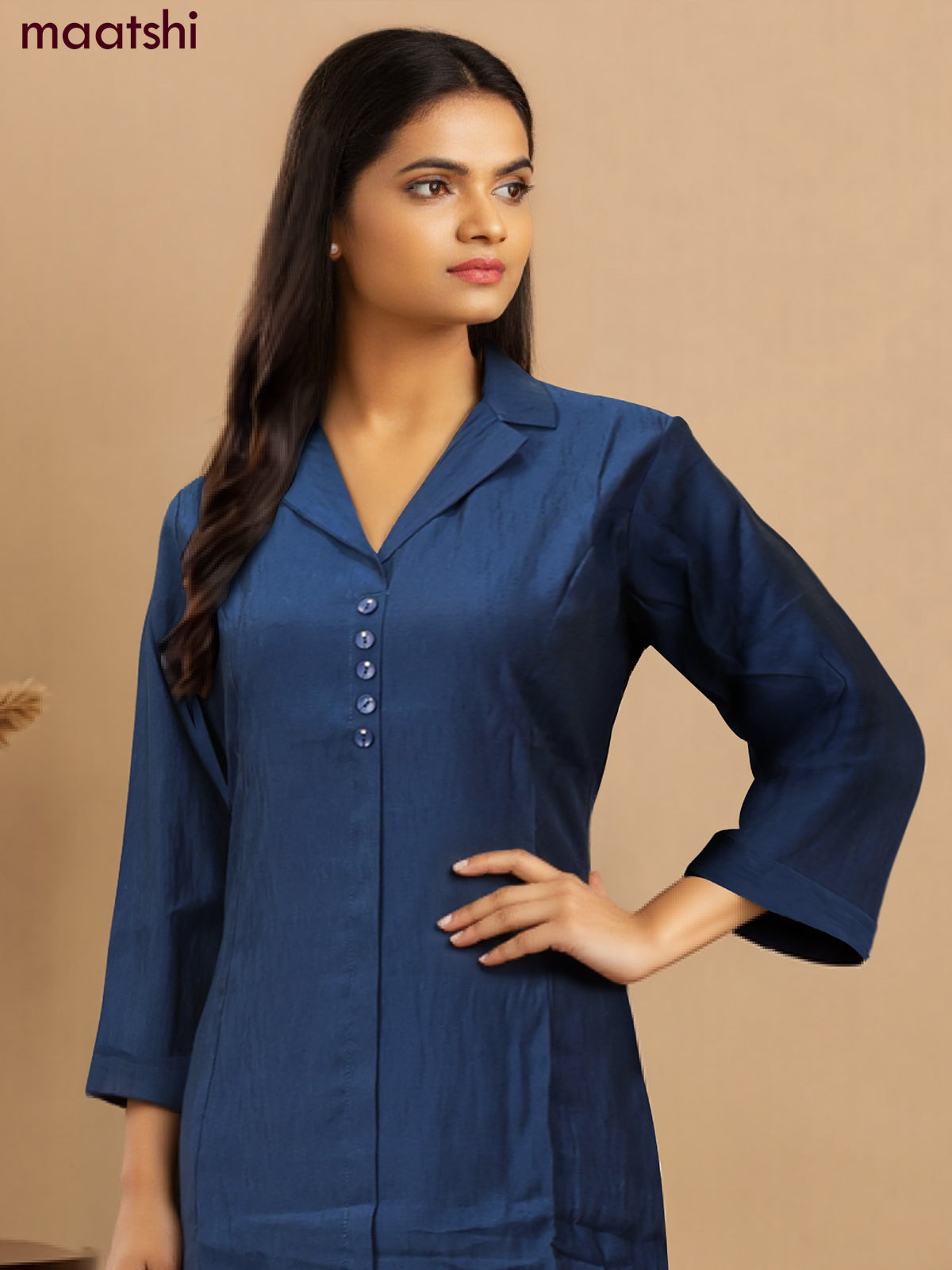 Rayon co-ord set peacock blue with collar neck pattern and straight cut pant