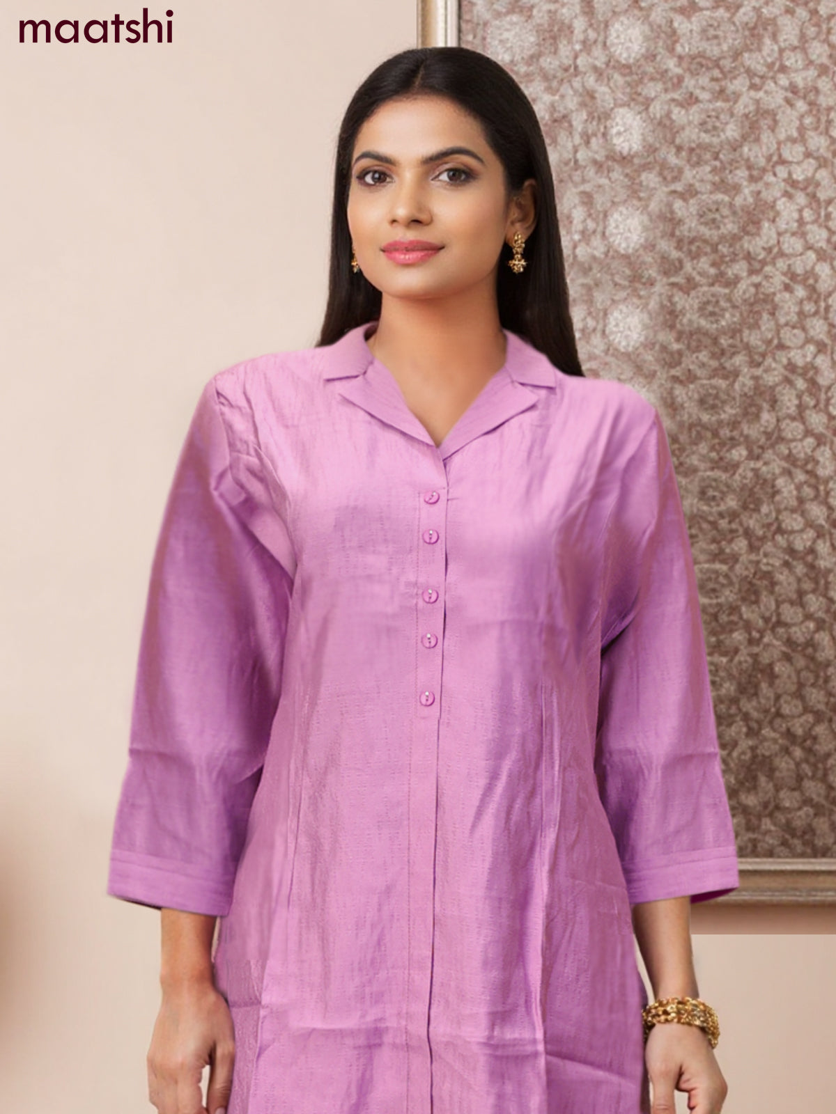 Rayon co-ord set mauve pink with collar neck pattern and straight cut pant