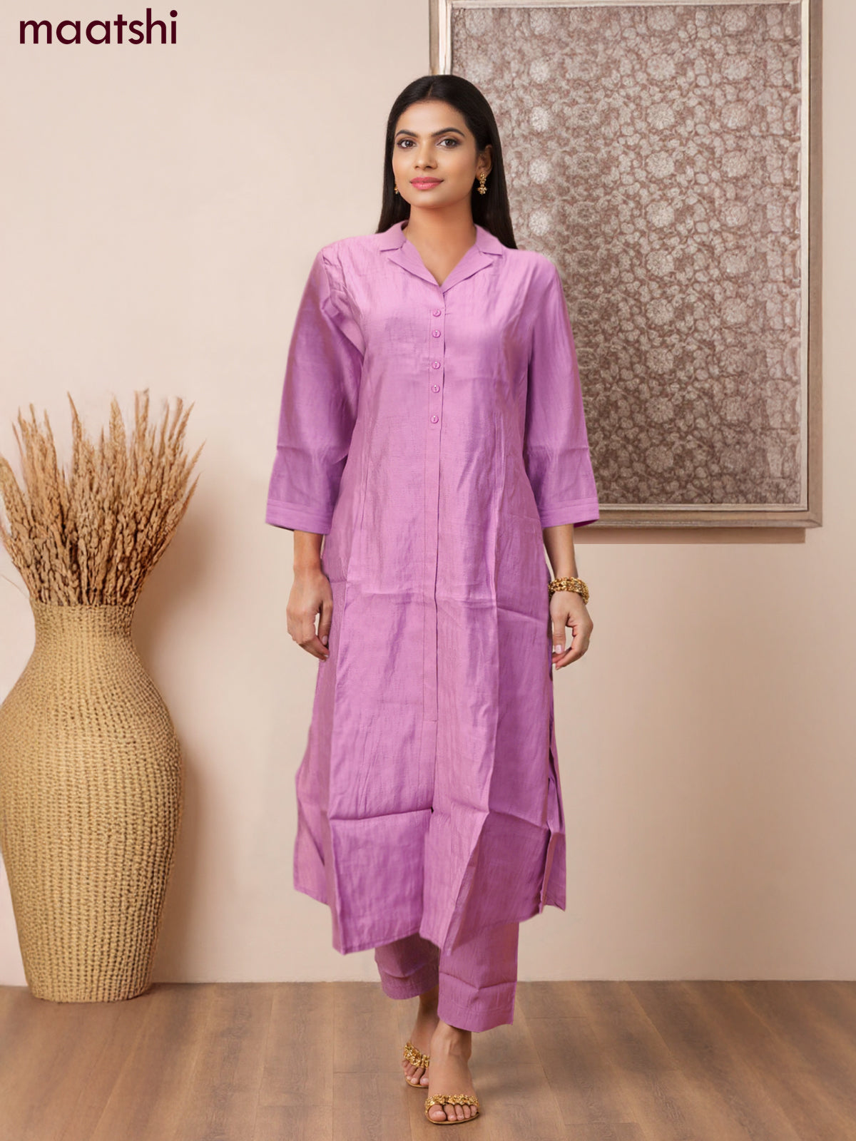Rayon co-ord set mauve pink with collar neck pattern and straight cut pant