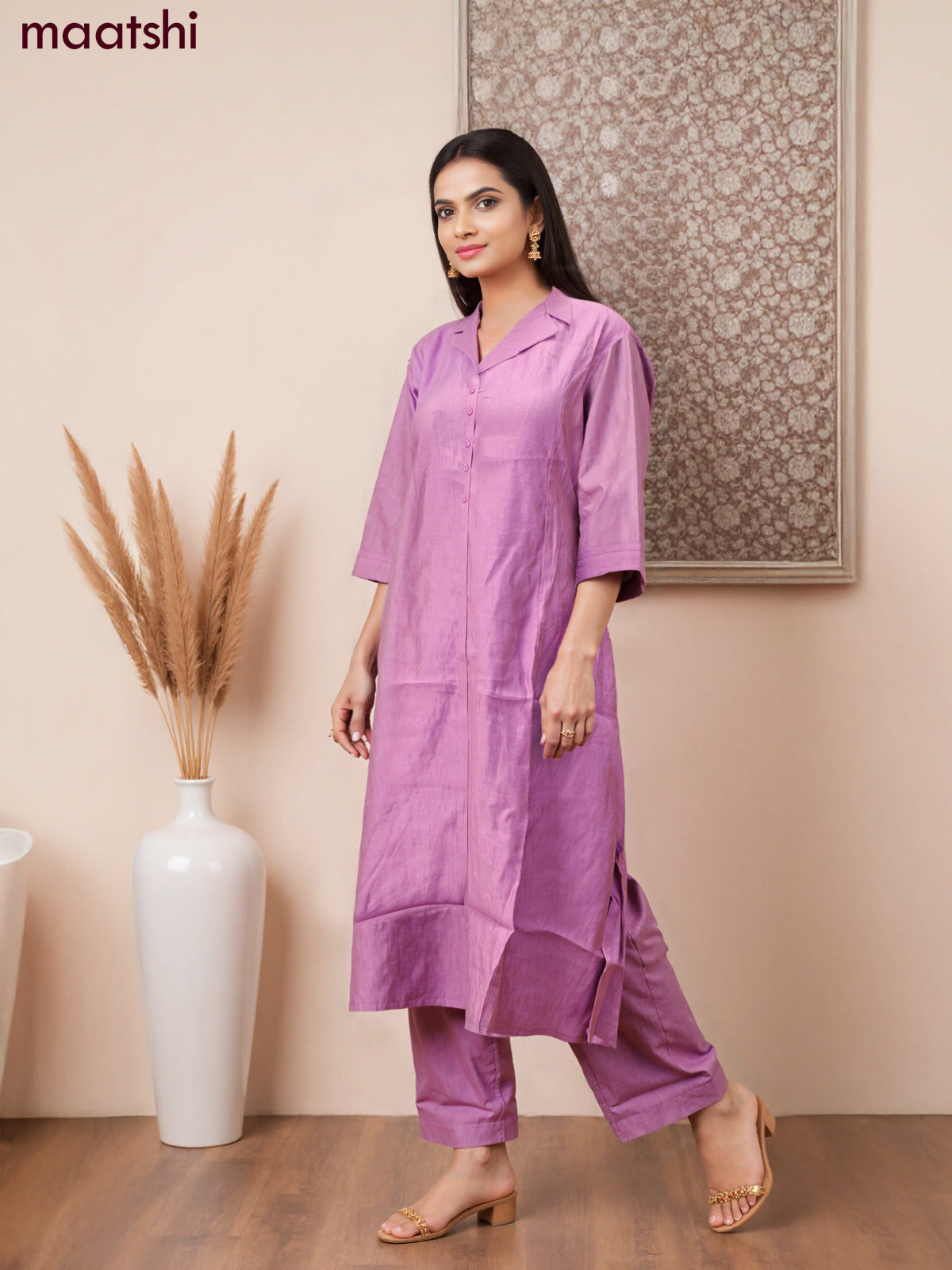Rayon co-ord set mauve pink with collar neck pattern and straight cut pant