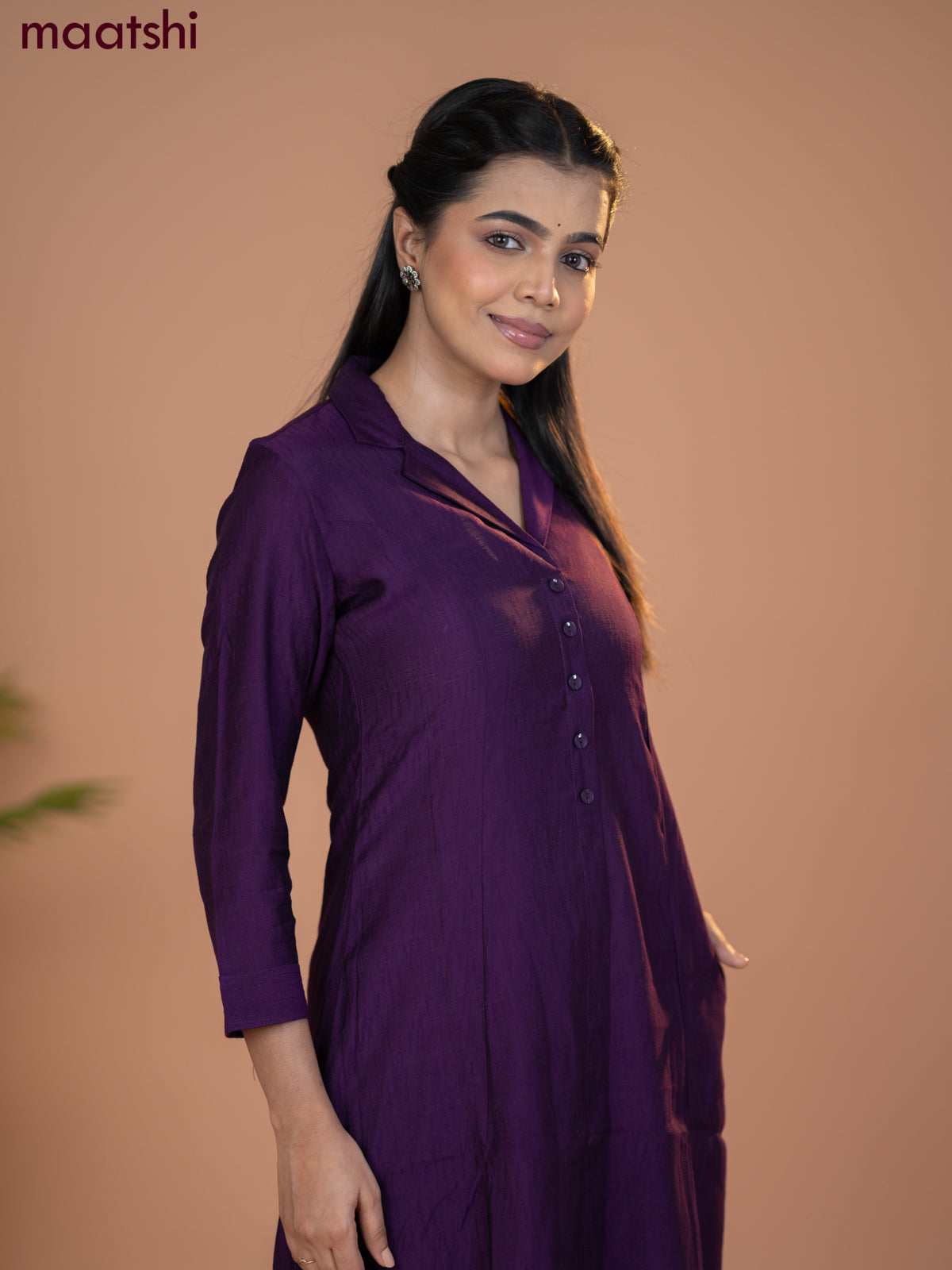 Rayon co-ord set violet with collar neck pattern and straight cut pant