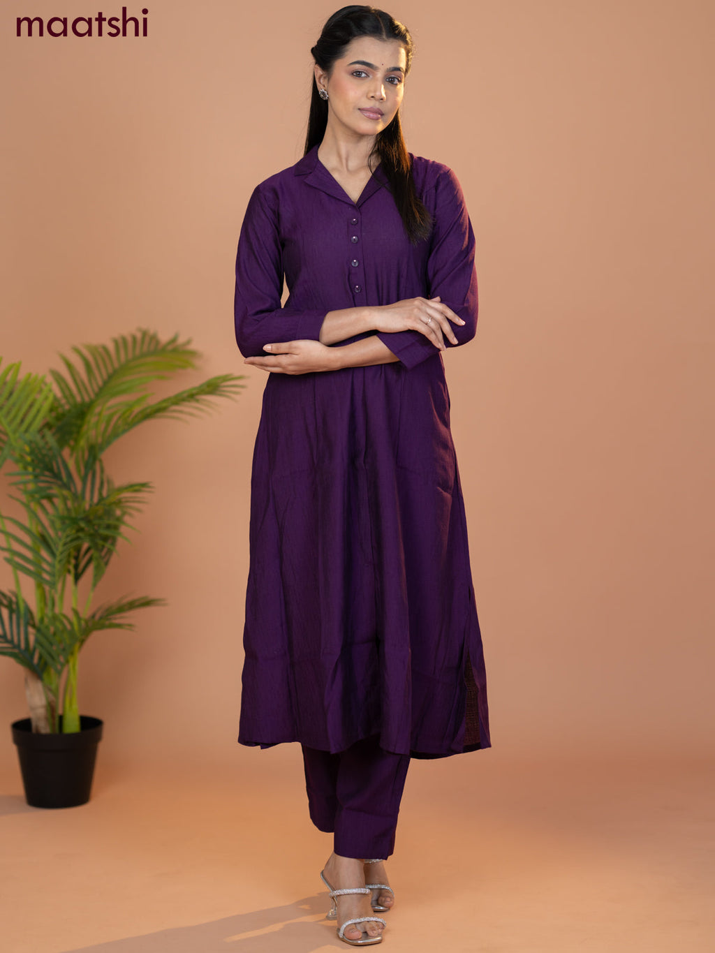 Rayon co-ord set violet with collar neck pattern and straight cut pant