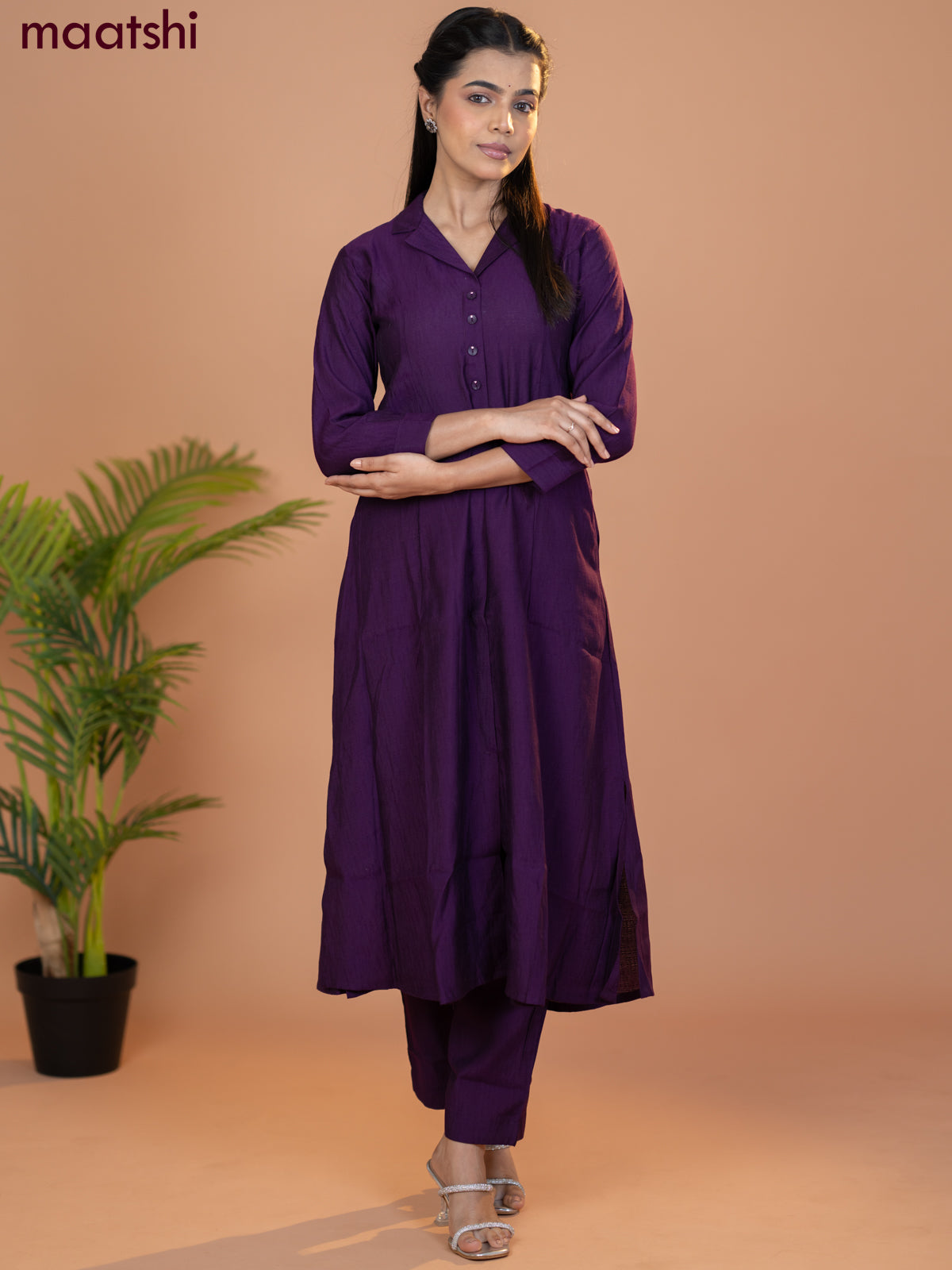 Rayon co-ord set violet with collar neck pattern and straight cut pant