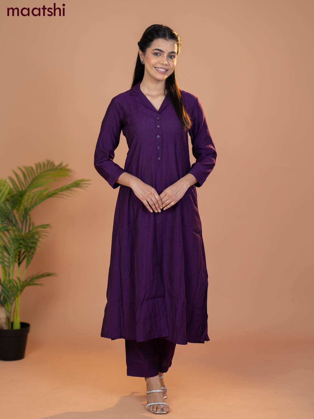 Rayon co-ord set violet with collar neck pattern and straight cut pant