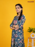 Rayon a-line kurti peacock blue with allover floral prints & simple neck pattern without pant