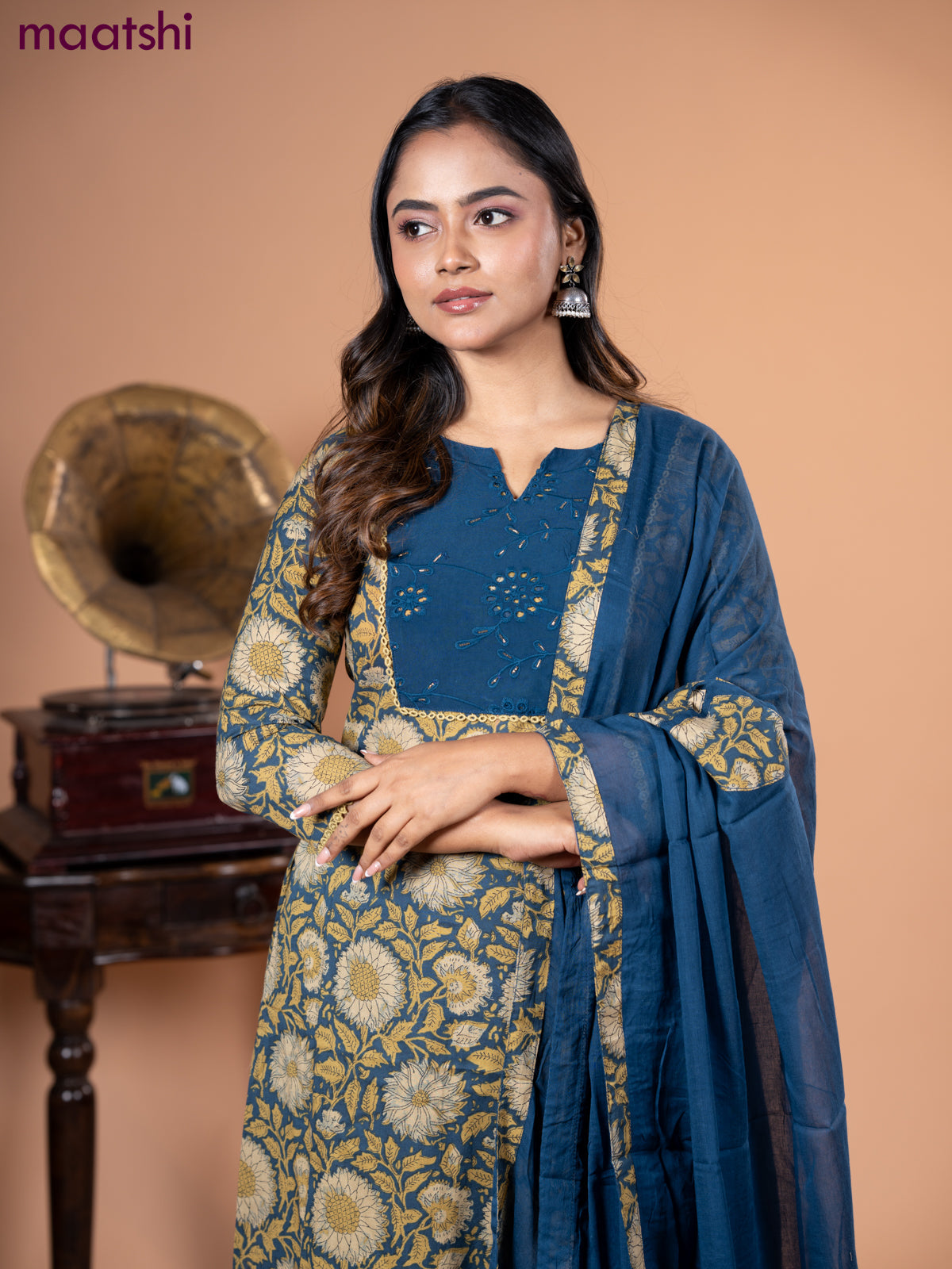 Cotton salwar suit peacock blue and beige with kalamkari prints & hakoba work neck pattern and straight cut pant & dupatta