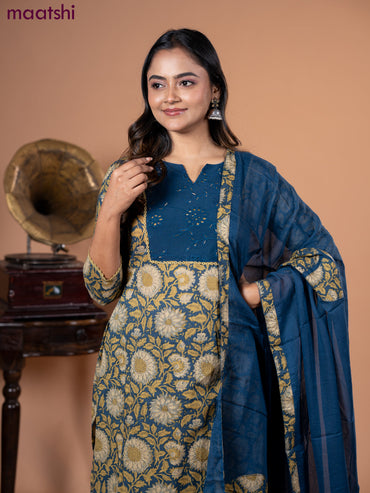 Cotton salwar suit peacock blue and beige with kalamkari prints & hakoba work neck pattern and straight cut pant & dupatta