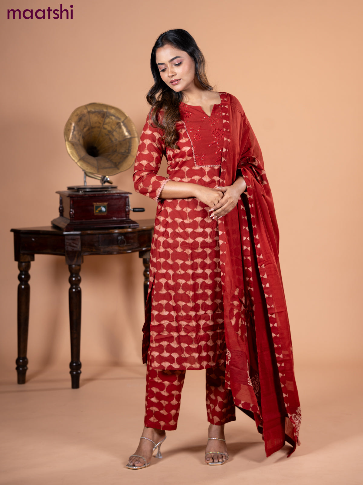 Cotton salwar suit maroon with dabu prints & hakoba work neck pattern and straight cut pant & dupatta