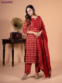 Cotton salwar suit maroon with dabu prints & hakoba work neck pattern and straight cut pant & dupatta