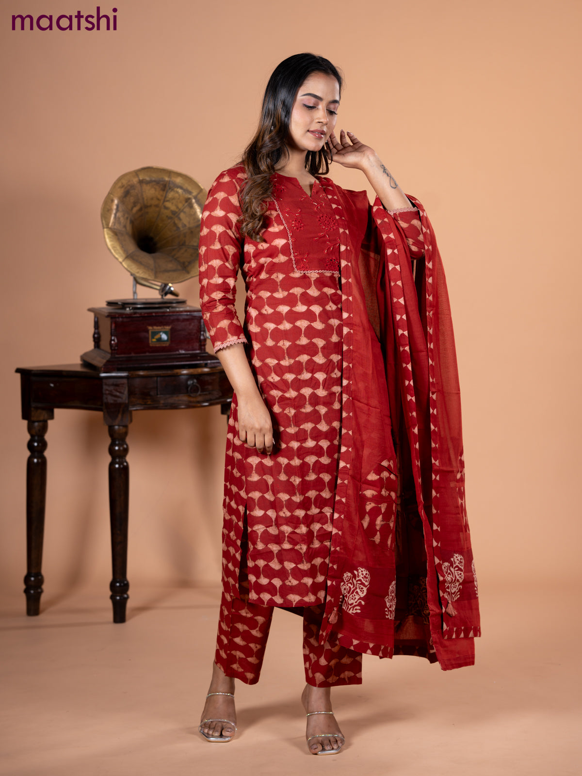 Cotton salwar suit maroon with dabu prints & hakoba work neck pattern and straight cut pant & dupatta