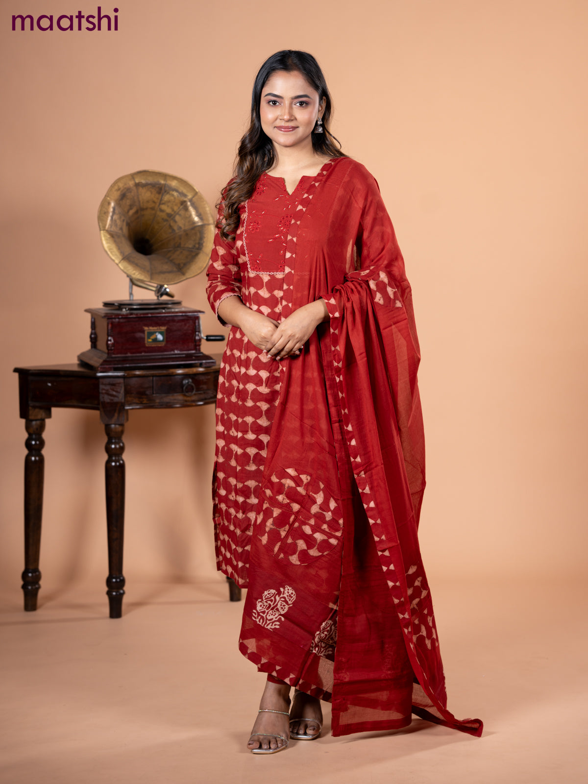 Cotton salwar suit maroon with dabu prints & hakoba work neck pattern and straight cut pant & dupatta
