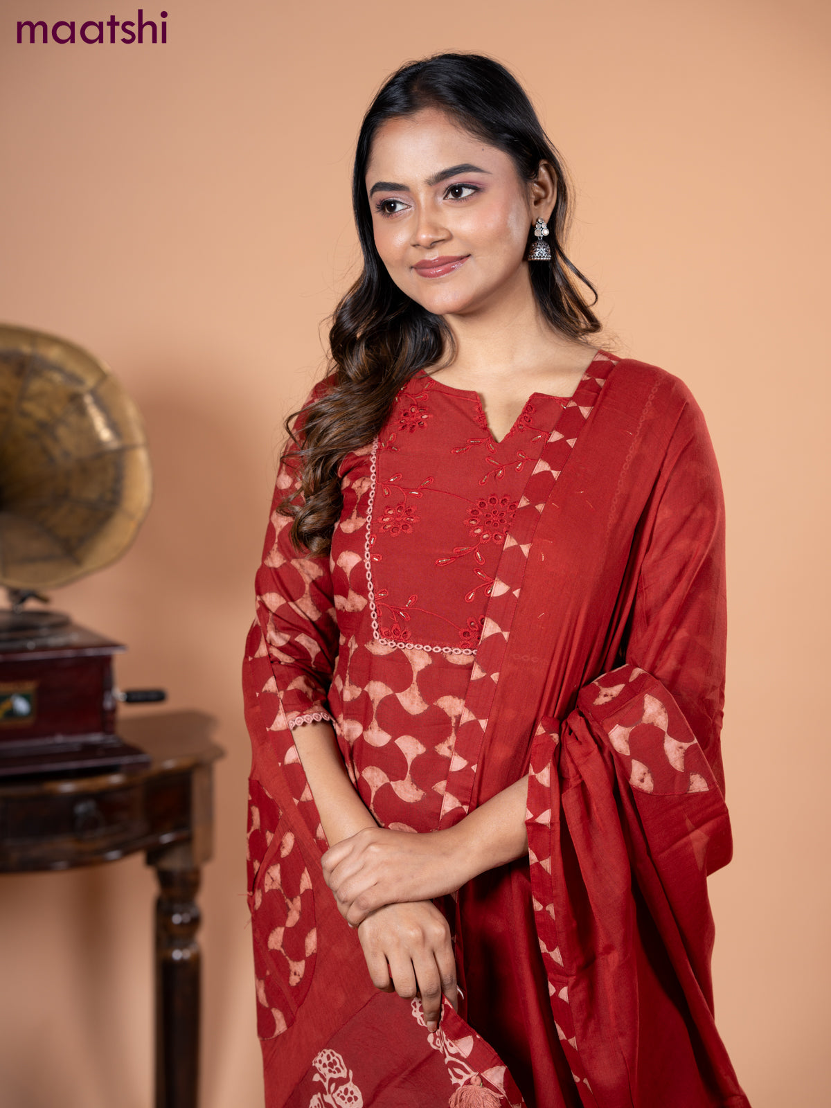 Cotton salwar suit maroon with dabu prints & hakoba work neck pattern and straight cut pant & dupatta