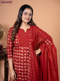 Cotton salwar suit maroon with dabu prints & hakoba work neck pattern and straight cut pant & dupatta