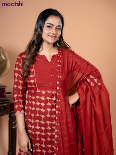 Cotton salwar suit maroon with dabu prints & hakoba work neck pattern and straight cut pant & dupatta