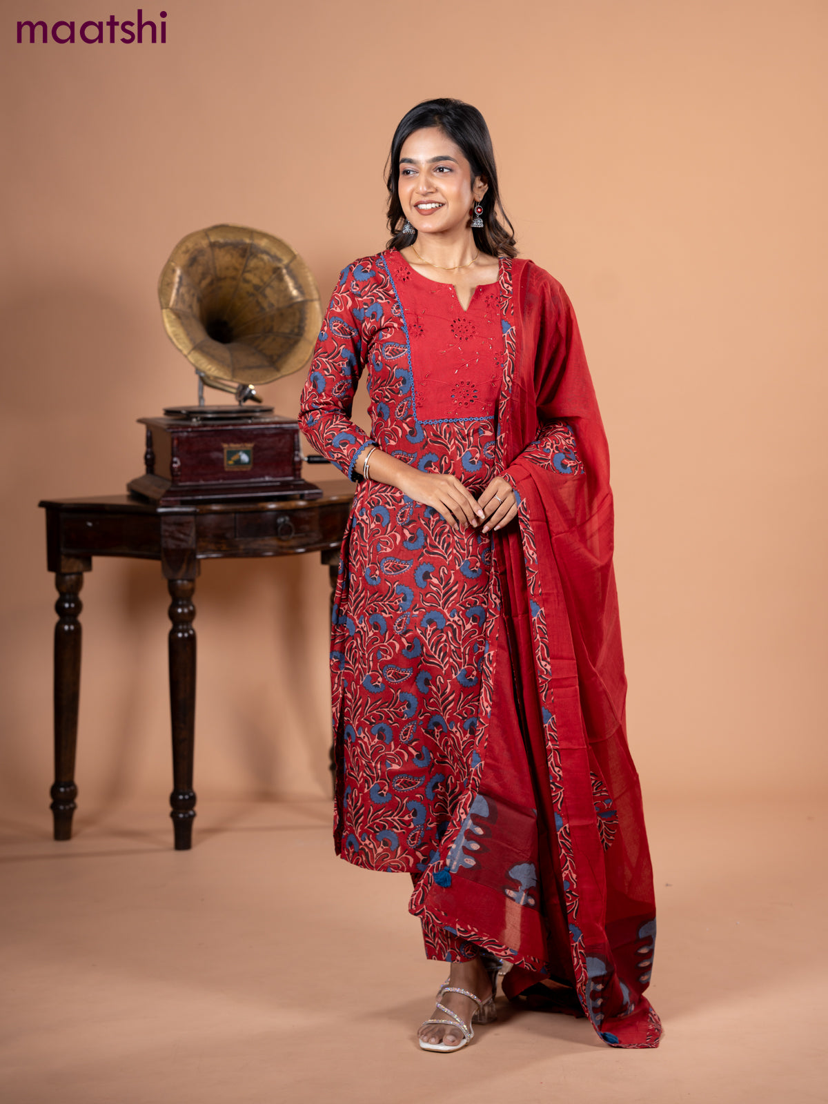 Cotton salwar suit maroon and blue with kalamkari prints & hakoba work neck pattern and straight cut pant & dupatta